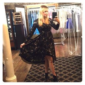 Black dress with blush and grey pattern