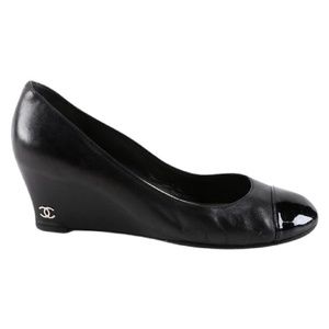 Chanel Lambskin Patent Toe Black Wedges