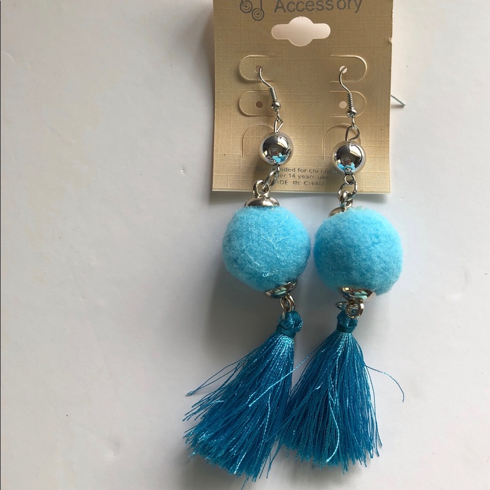 Blue Pom Tassel Earrings