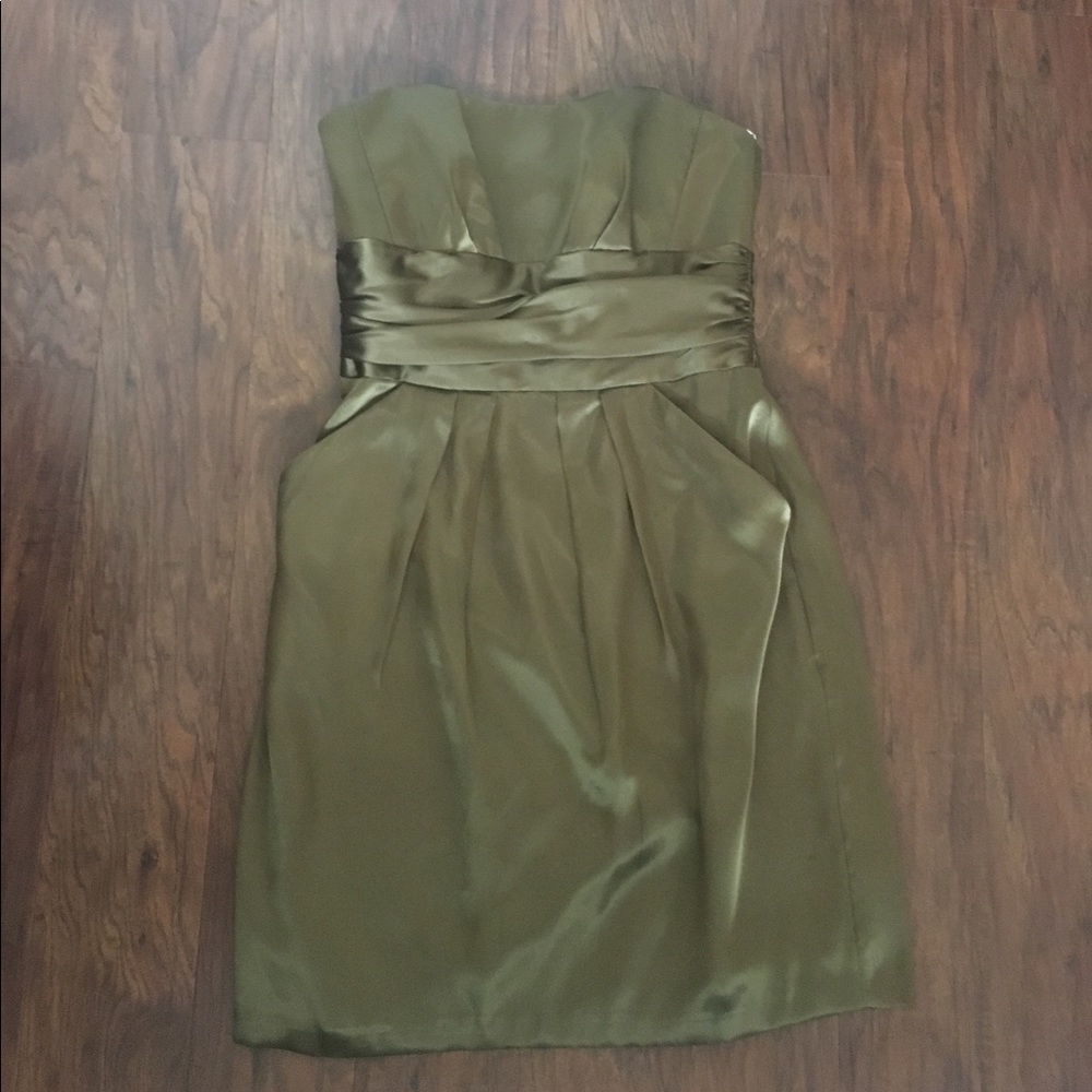 Olive silk cocktail dress.