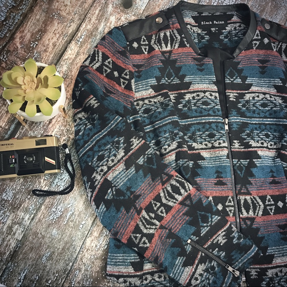 Black Rainn Aztec Jacket with Faux Leather Detail