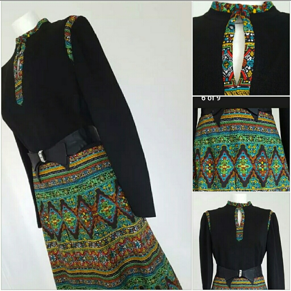 VINTAGE 1970's wool jersey and printed silk dress