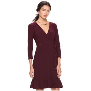 Wine colored faux wrap dress.