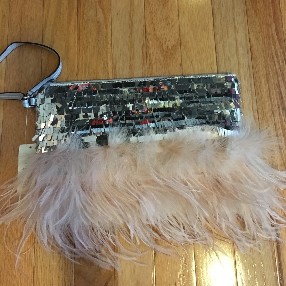 Miss Selfridge sequin and feather clutch