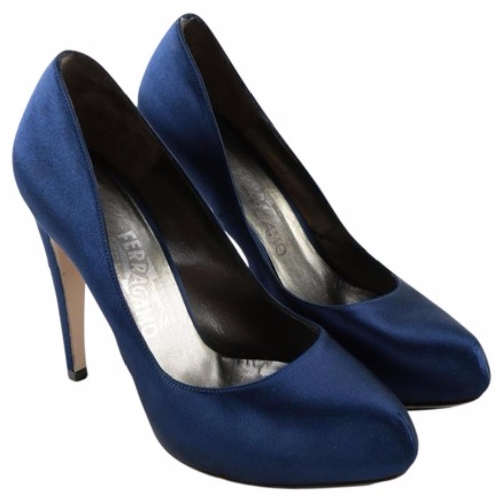 Satin Ferragamo Blue Pumps