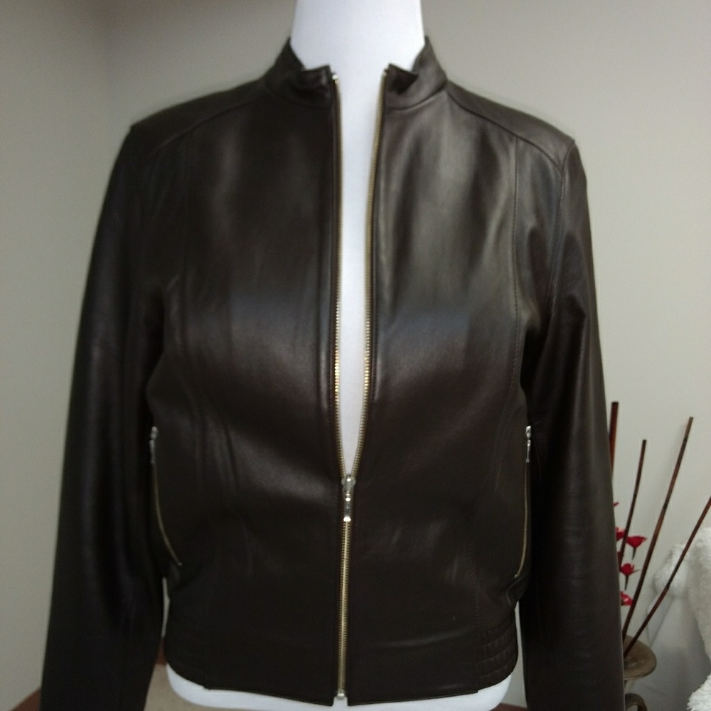 Women's  Brown 100% Leather Zip-up Jacket Size 10