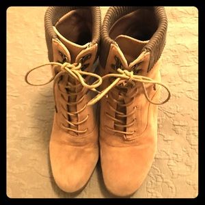 Tan lace up hidden wedge booties