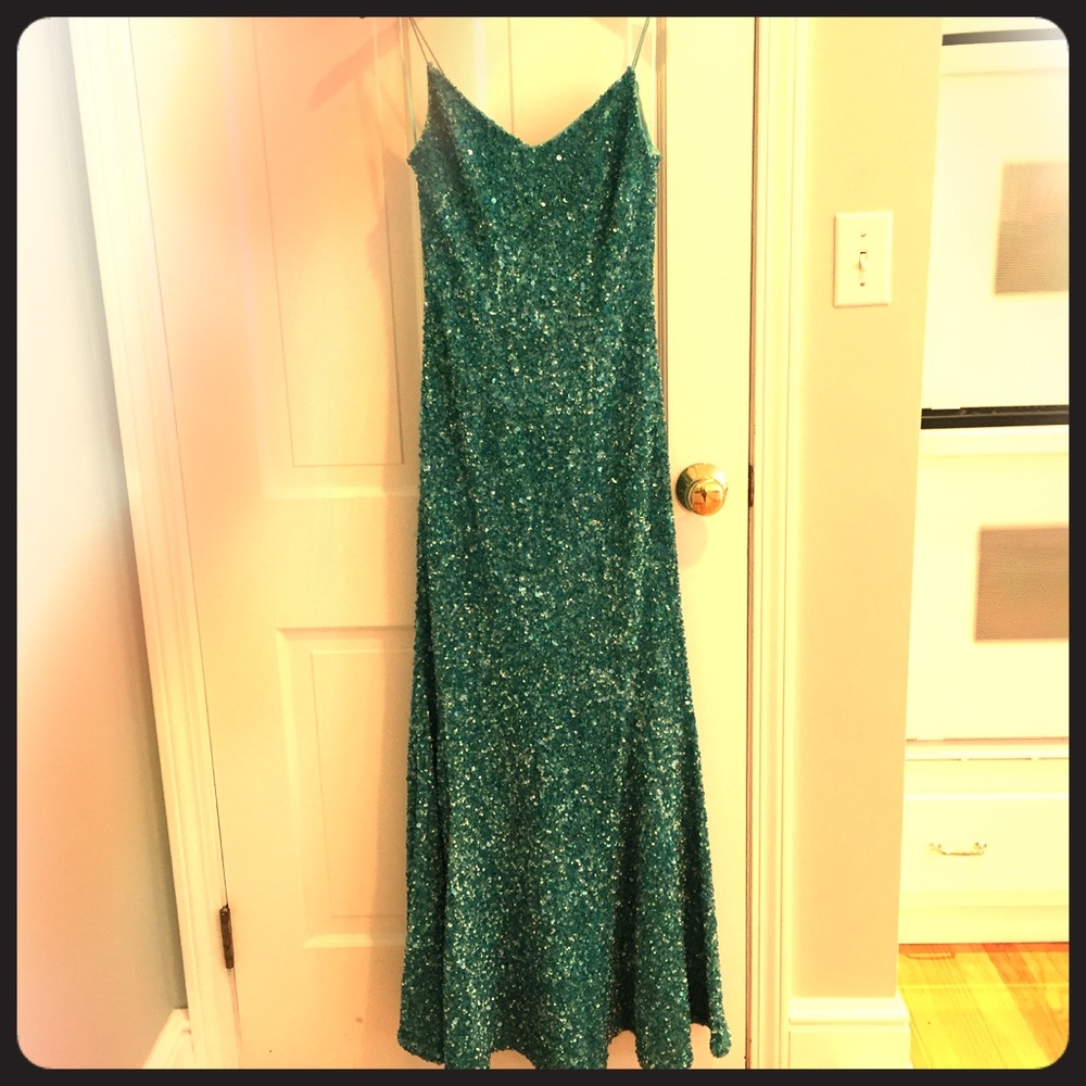 Theia torquoise beaded sequin gown