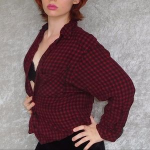 Red and black plaid button down.