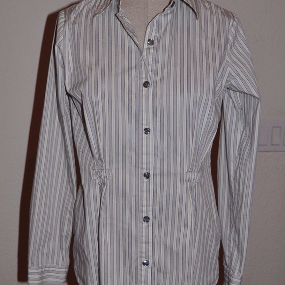 sold CABI #974 Pinstripe Shirt Navy/Yellow/White - Picture 4 of 8