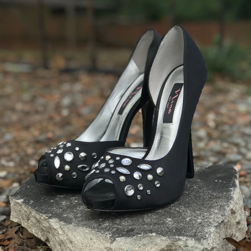 NINA Satin bedazzled peep toe pump