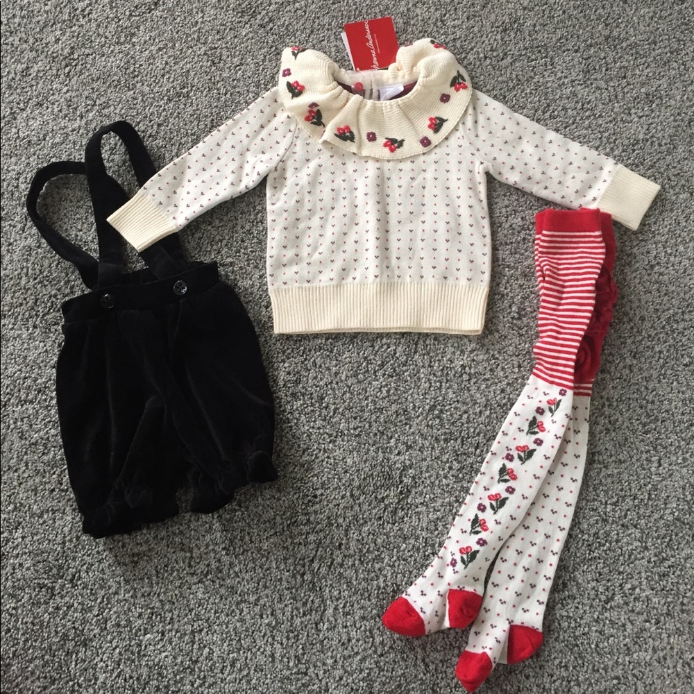 Adorable sweater, velour romper and stocking set!