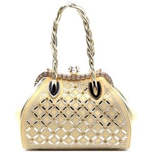 Rhinestone Jewel Top Braided Satchel (Champagne)