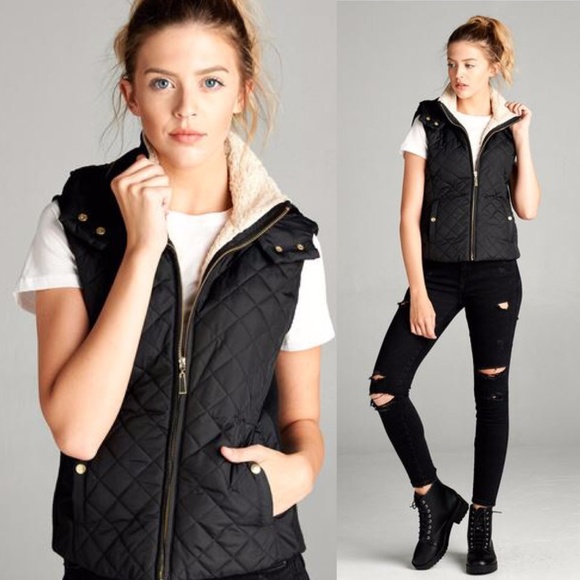 NWT Large Quilted Vest Faux Shearling Lined Black - Picture 2 of 8