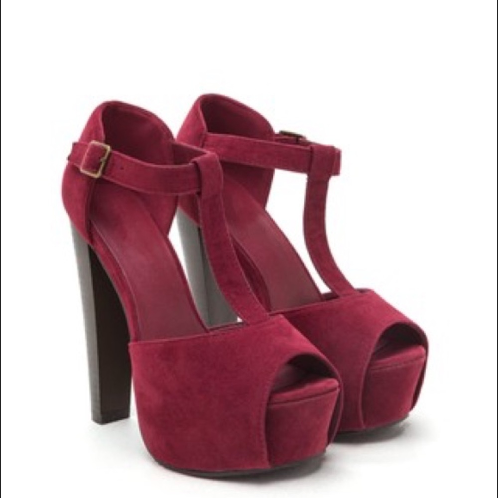 T-strap Suede Peep Toe Chunky Heel WINE Platforms