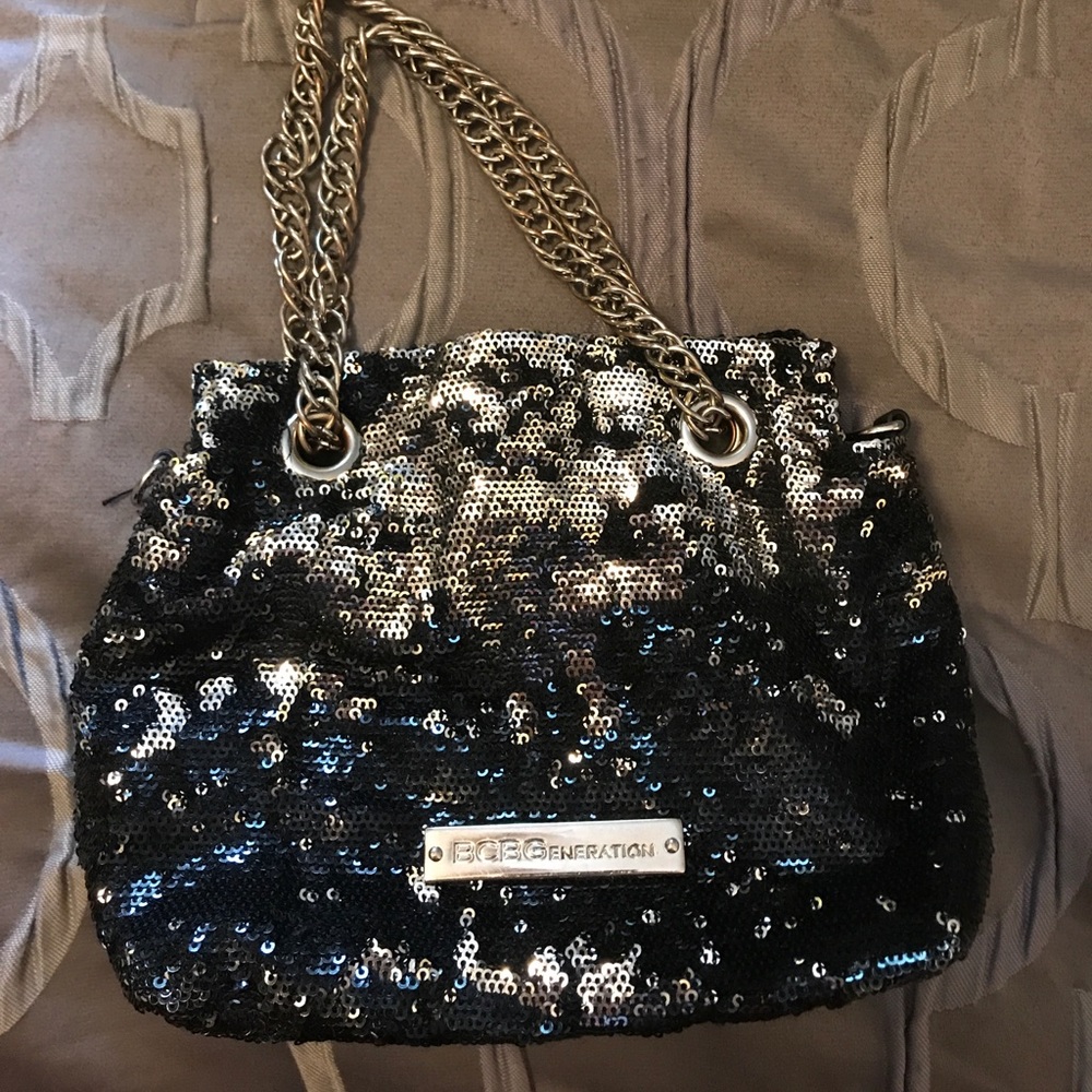 BCBG black & silver sequin with silver link bag