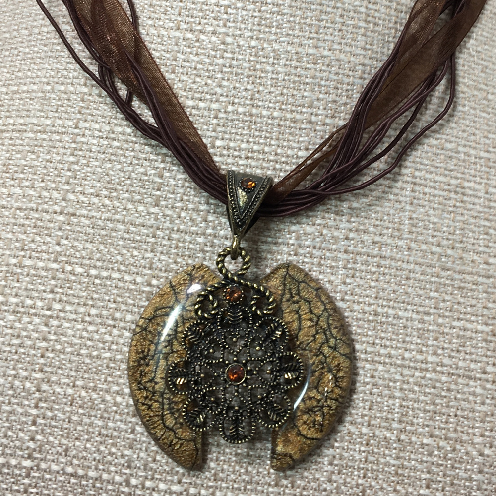 Antique Gold Brown Rhinestone Unique Necklace BOHO