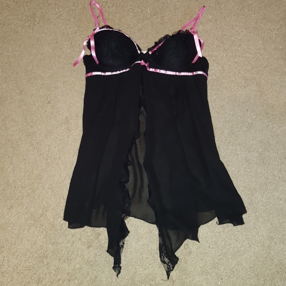 Black baby doll lingerie top with pink trim