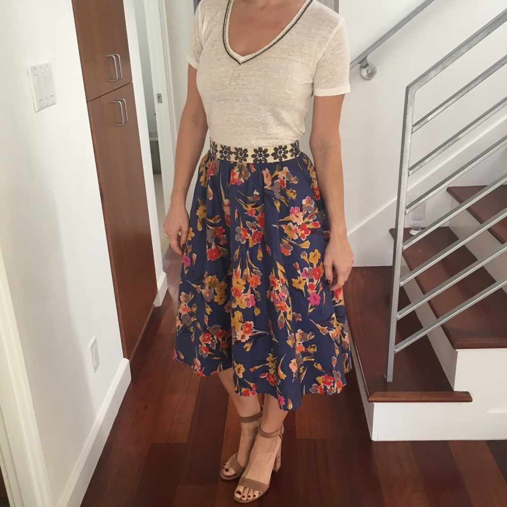 Floral silk midi skirt, Anthropologie, size 2
