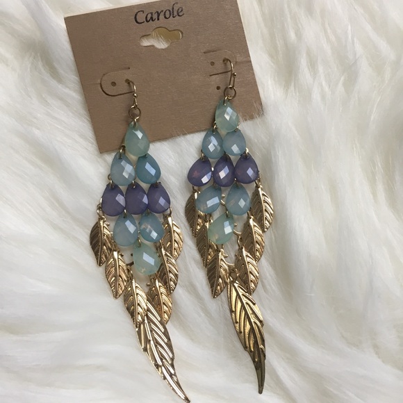 🌸2XHP🌸Leaf Chandelier /Blue Tear Drop Earrings - Picture 2 of 3