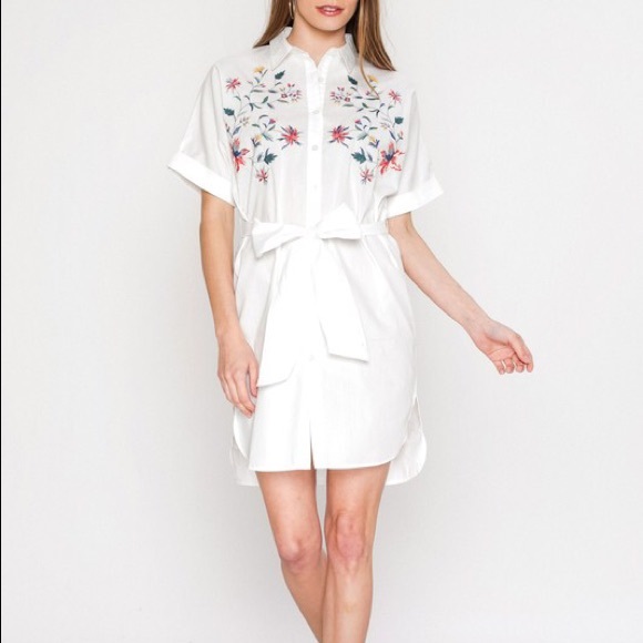 White Floral Embroidered Shirt Dress - Picture 5 of 8