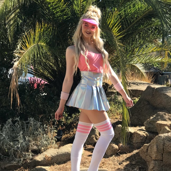 Barbie pink white otk thigh high striped socks sport playboy tube sexy over knee