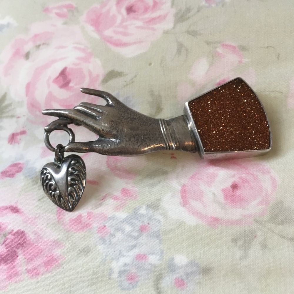Vintage Sterling/Goldstone Hand and Heart Brooch
