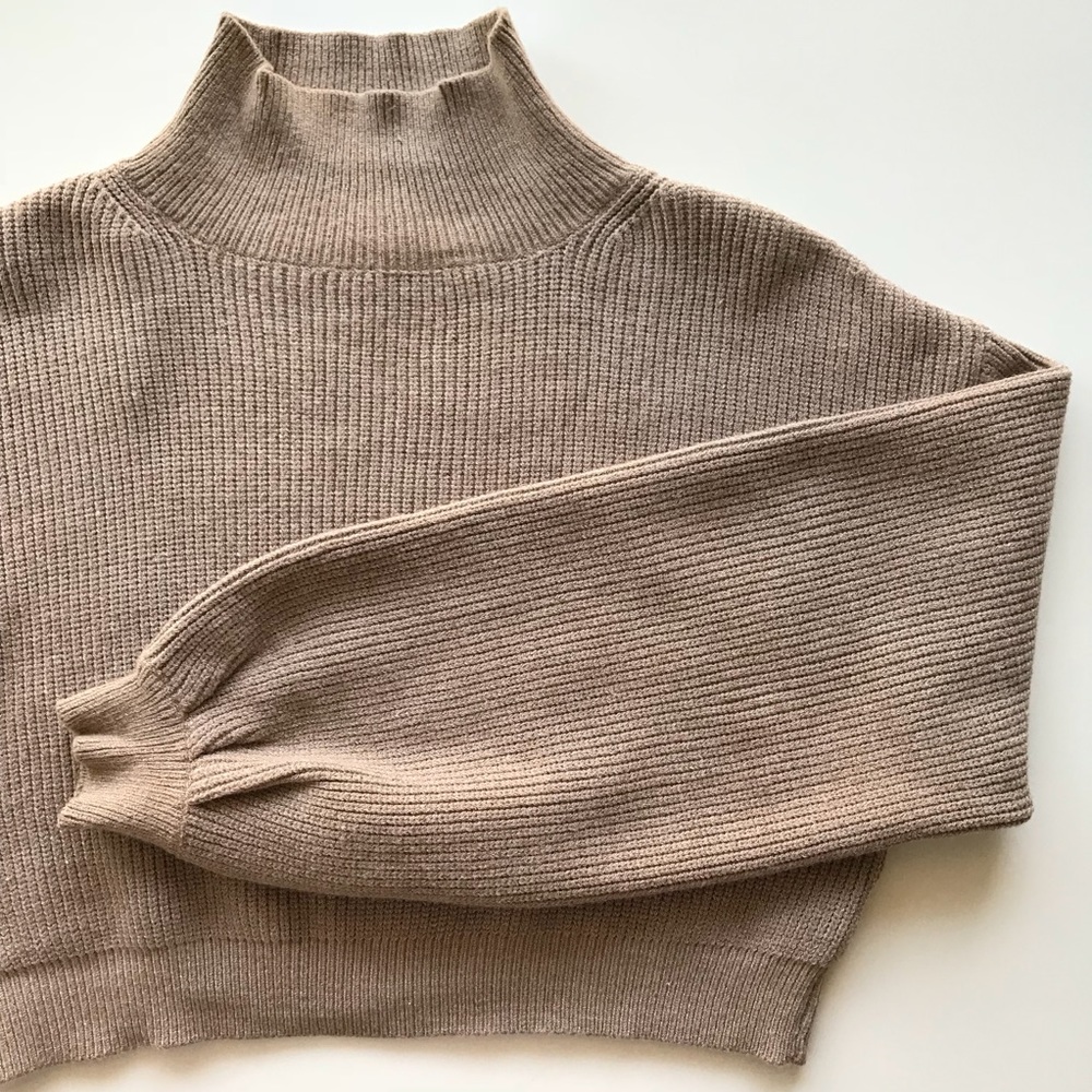 Taupe Lantern Sleeve Mock Neck Knitted Pullover - Picture 3 of 6