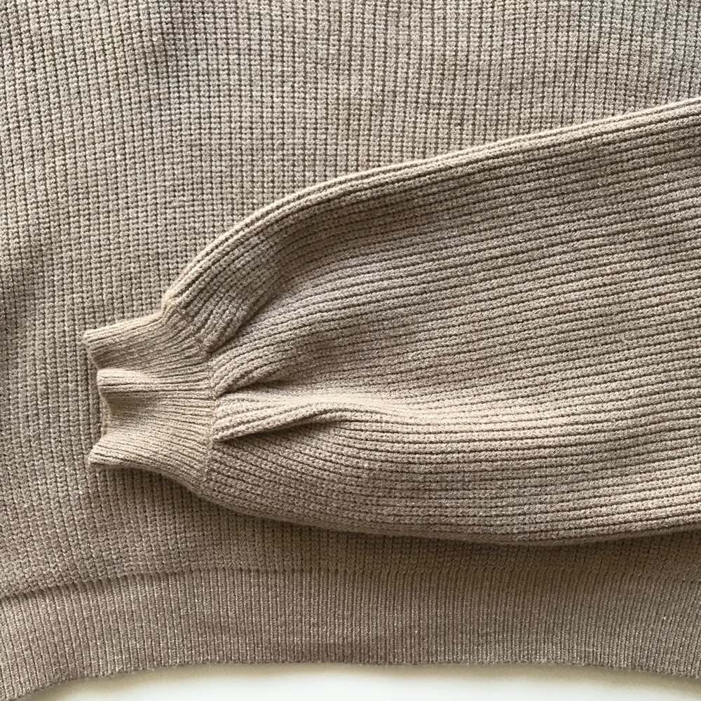 Taupe Lantern Sleeve Mock Neck Knitted Pullover - Picture 4 of 6