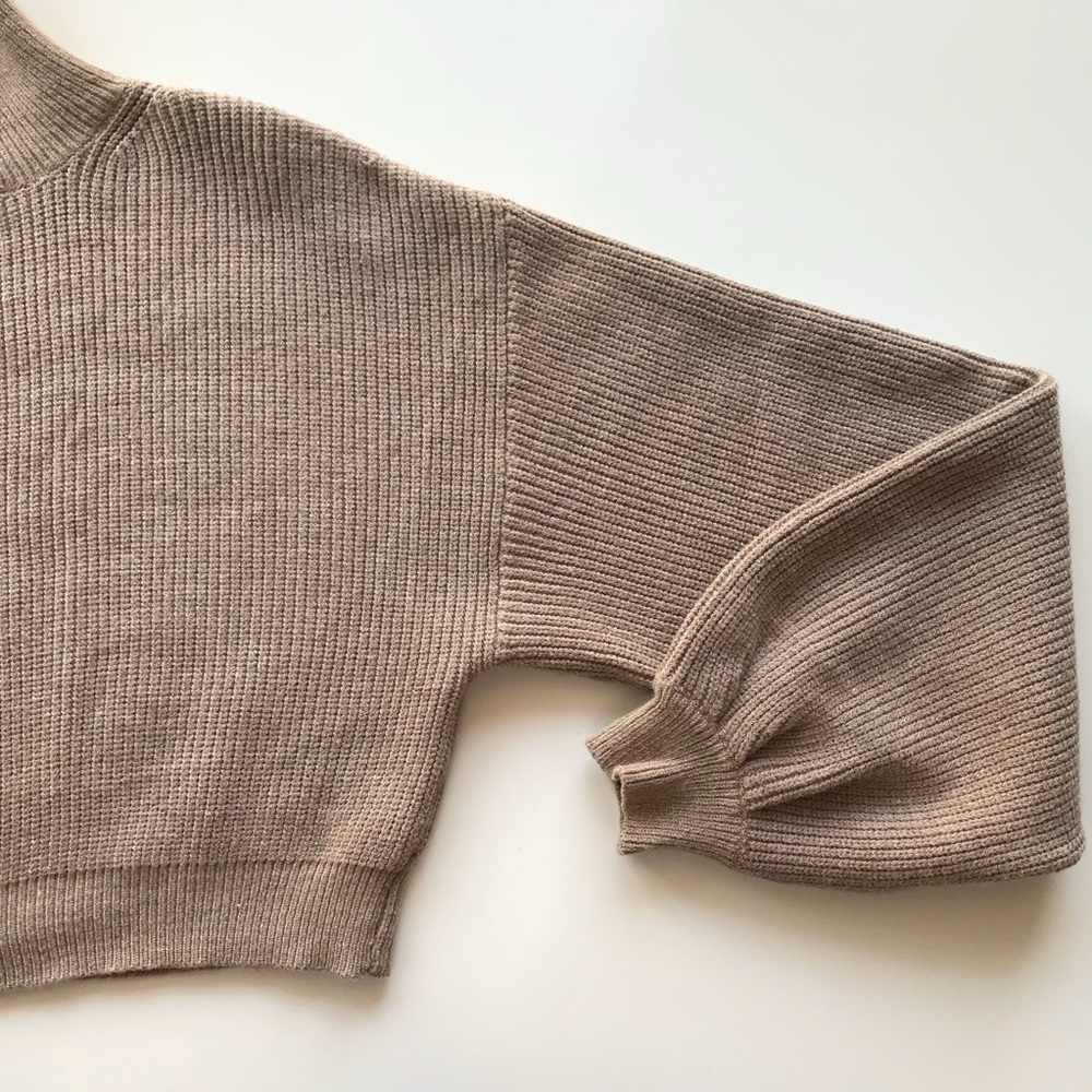 Taupe Lantern Sleeve Mock Neck Knitted Pullover - Picture 6 of 6