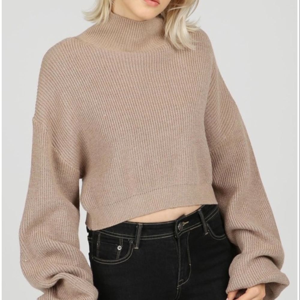 Taupe Lantern Sleeve Mock Neck Knitted Pullover - Picture 2 of 6