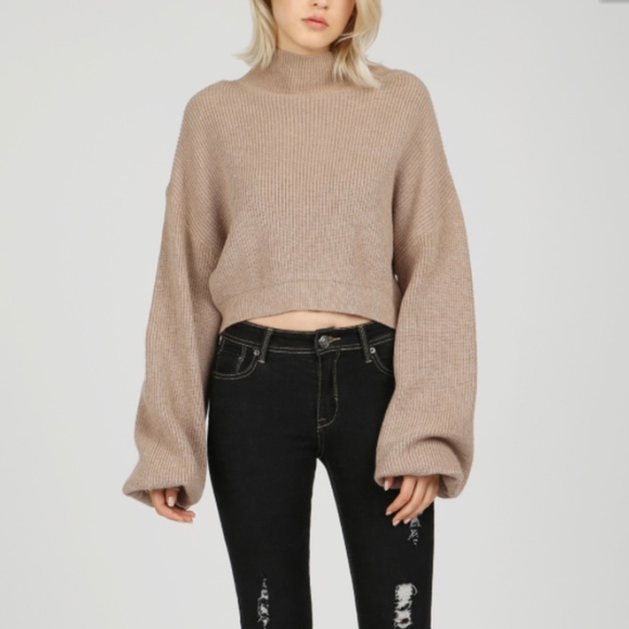 shop_terracotta Sweaters - Taupe Lantern Sleeve Mock Neck Knitted Pullover