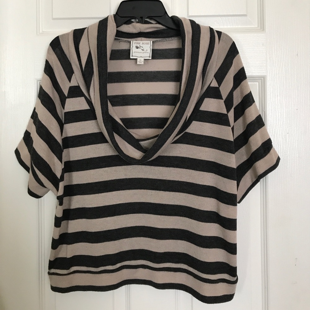 Gray and taupe stripe cowl neck lightweight top