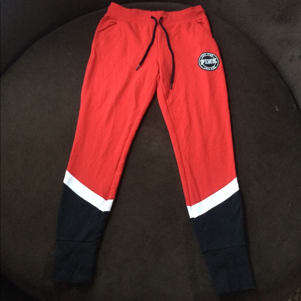PINK red, black, and white joggers