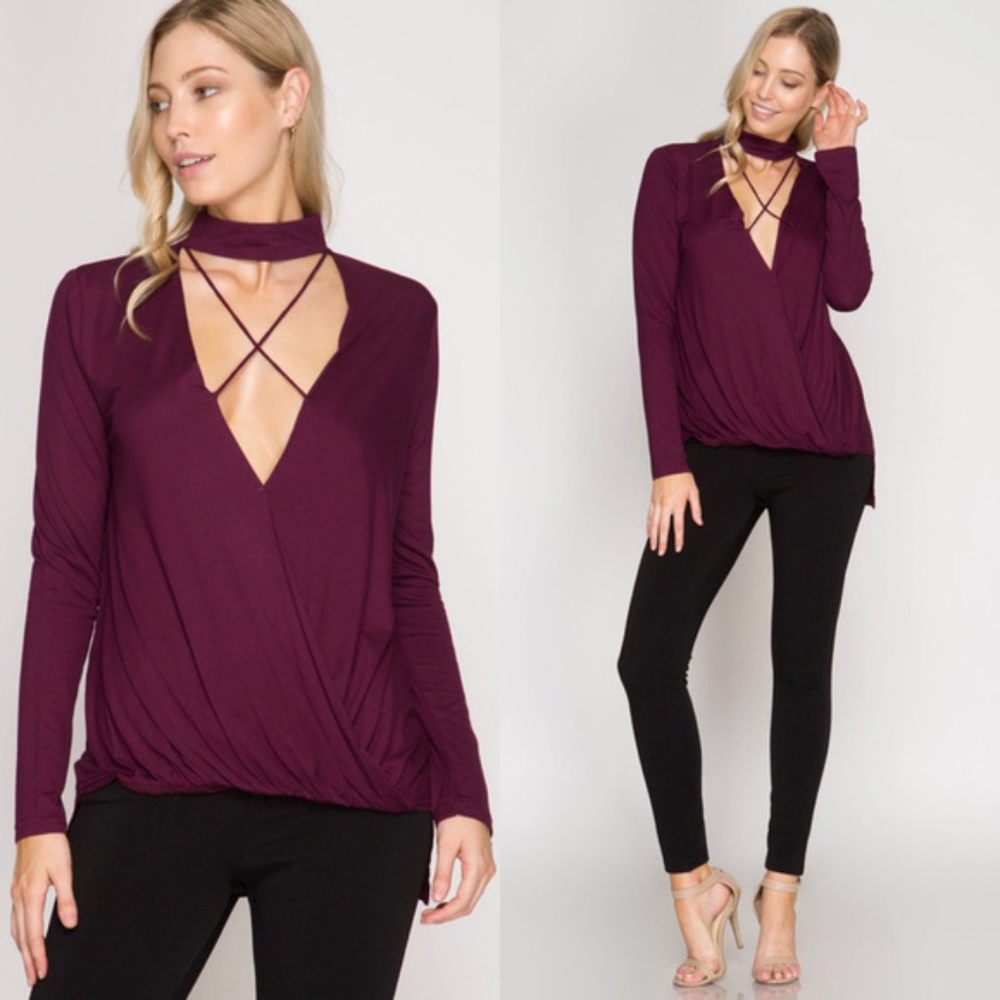 LAST Plum Mock Neck X-Straps Long Sleeve Top