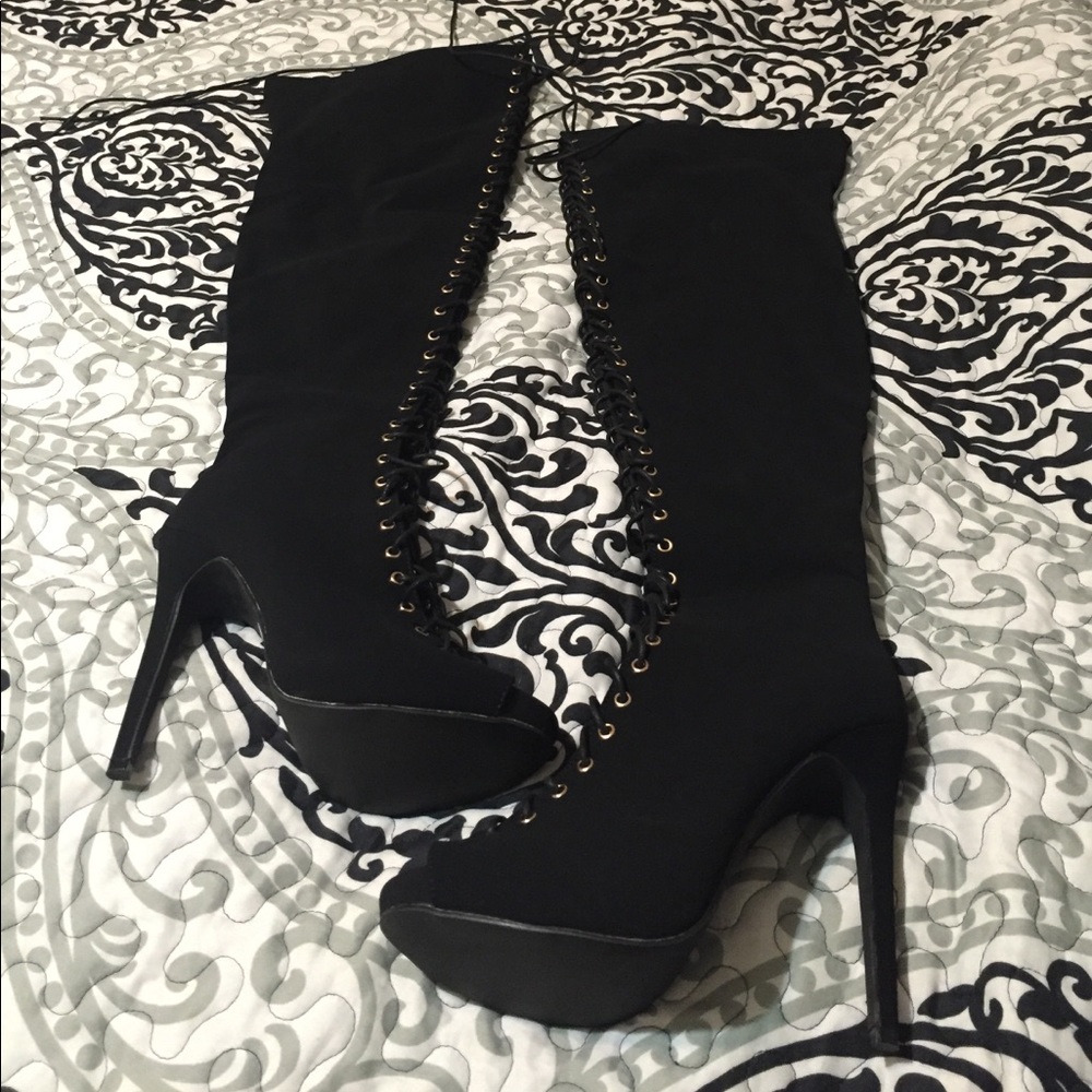 Black Lace Up over the knee boots never worn