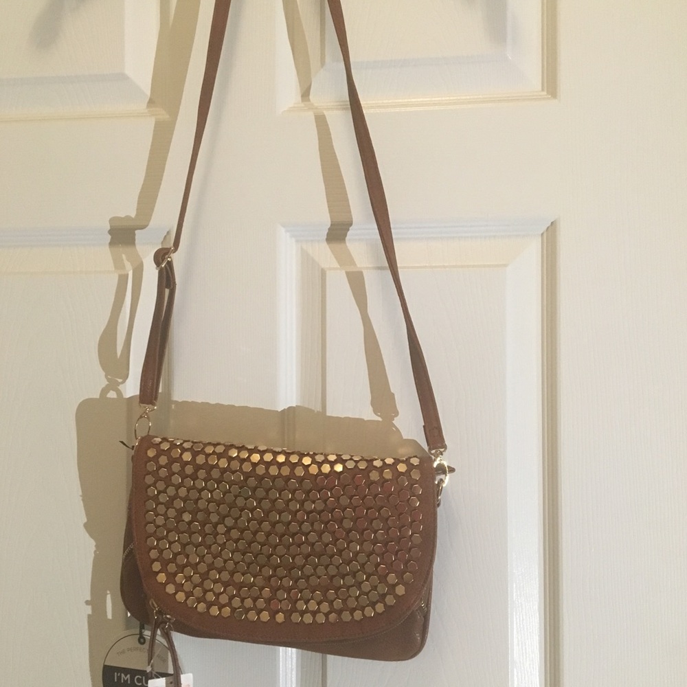 Brown cross-body gold studded purse