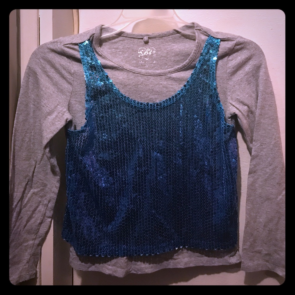 Grey and sequins blue long sleeve top