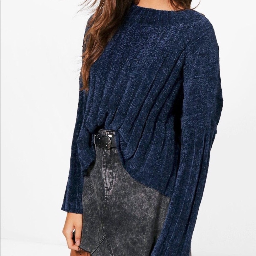 Cropped Blue Ribbed Chenille Sweater