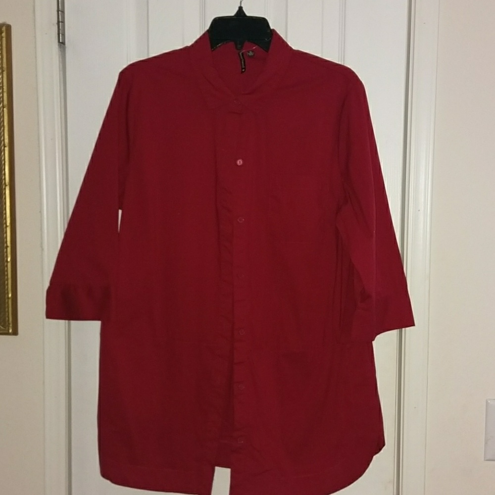 Maroon Red button down shirt.