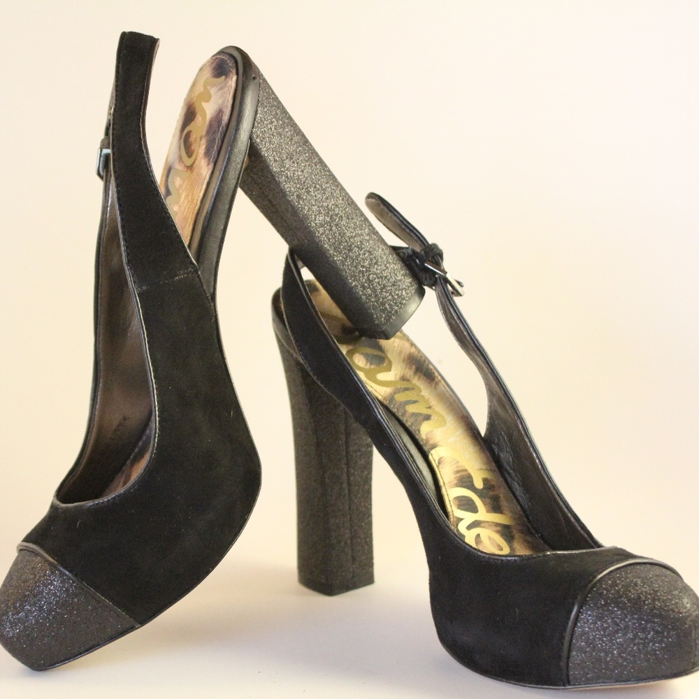 SAM EDELMAN BLACK SUEDE/SPARKLE CHUNKY HEELS 7M