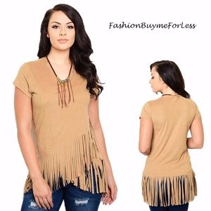Coachella Camel Tan Faux Suede Fringed Shirt Top