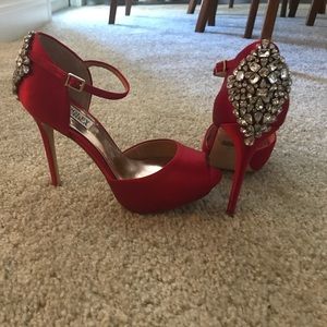 Badgeley Mischka red satin pumps.
