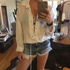 White Sheer Lace Up Top