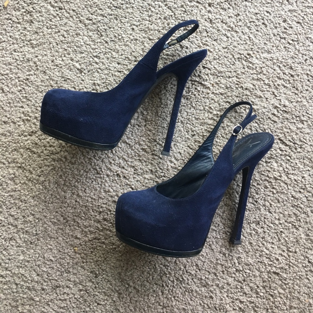 Navy blue suede YSL Tribtoo sling backs
