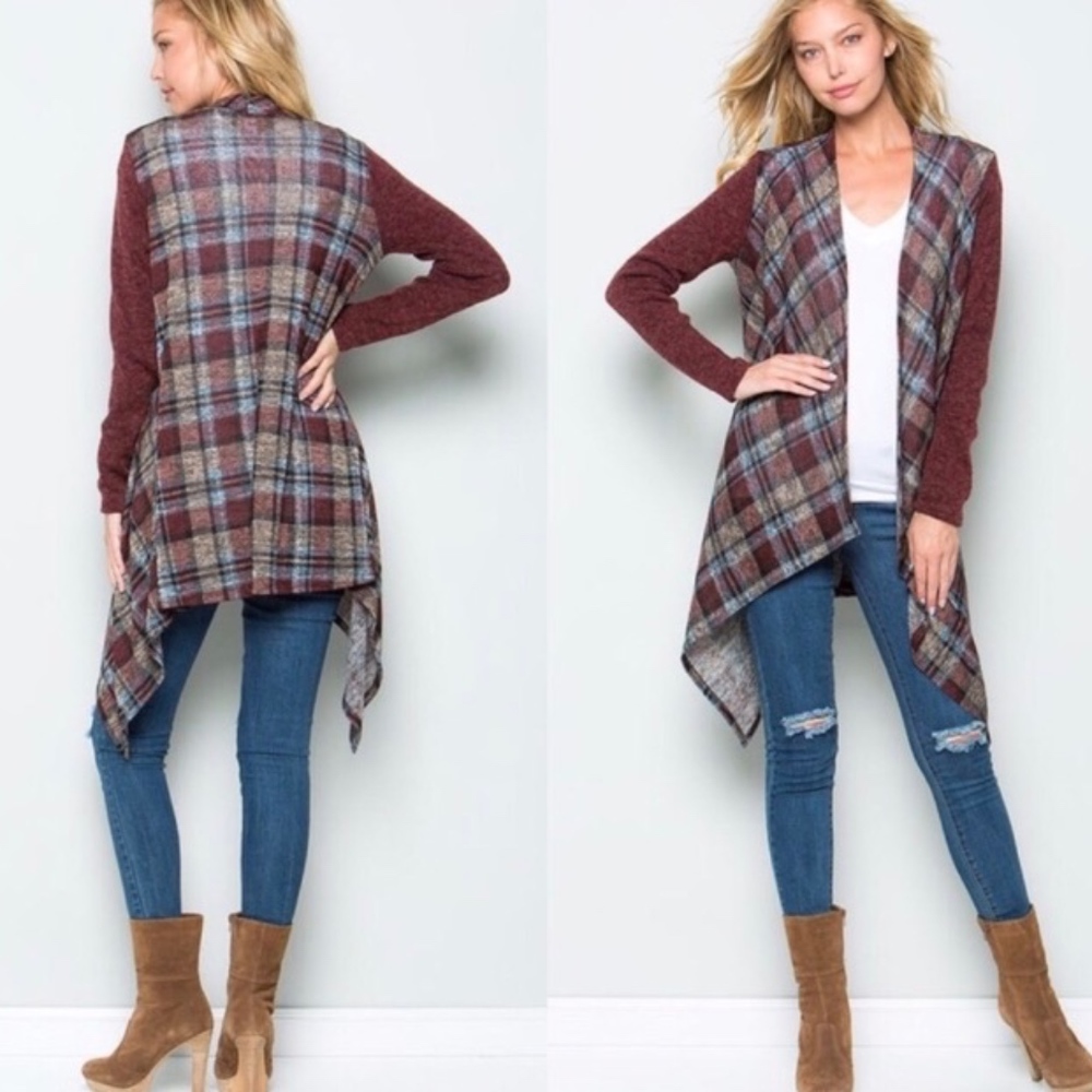 Restocked! Plaid contrast open cardigan.