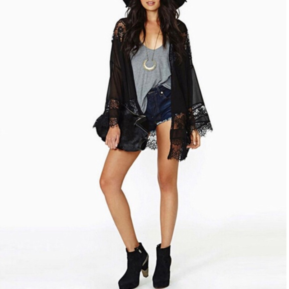 Casual Vintage Boho Kimono Lace Cardigan In Black