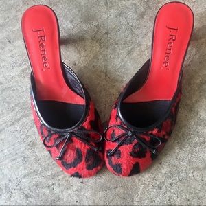 RED Retro Leopard Faux Fur Kitten Heels Mules