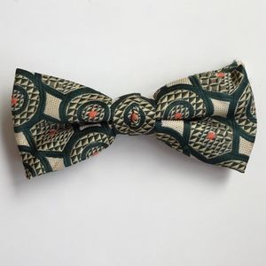 Vintage Clip-On Bow Tie Dark Green Geometric Print