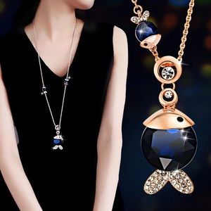 Fish crystal rhinestones long tassel gold necklace